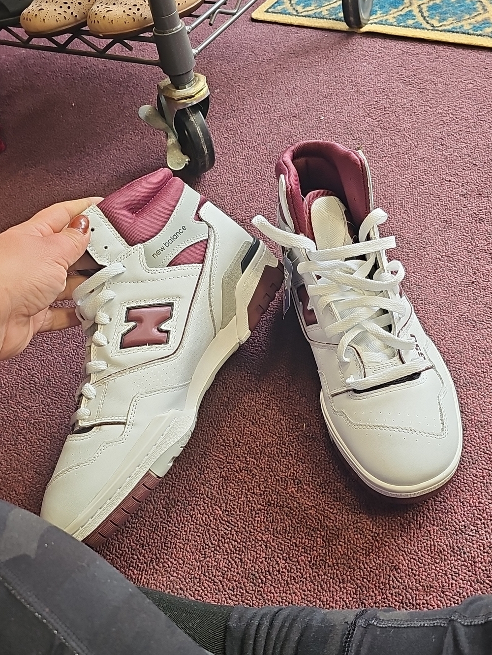 New Balance White and Burgundy High-Top Sneakers with Maroon Accents